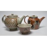 David Frith Brookhouse studio pottery- 2 teapots and a sugar bowl