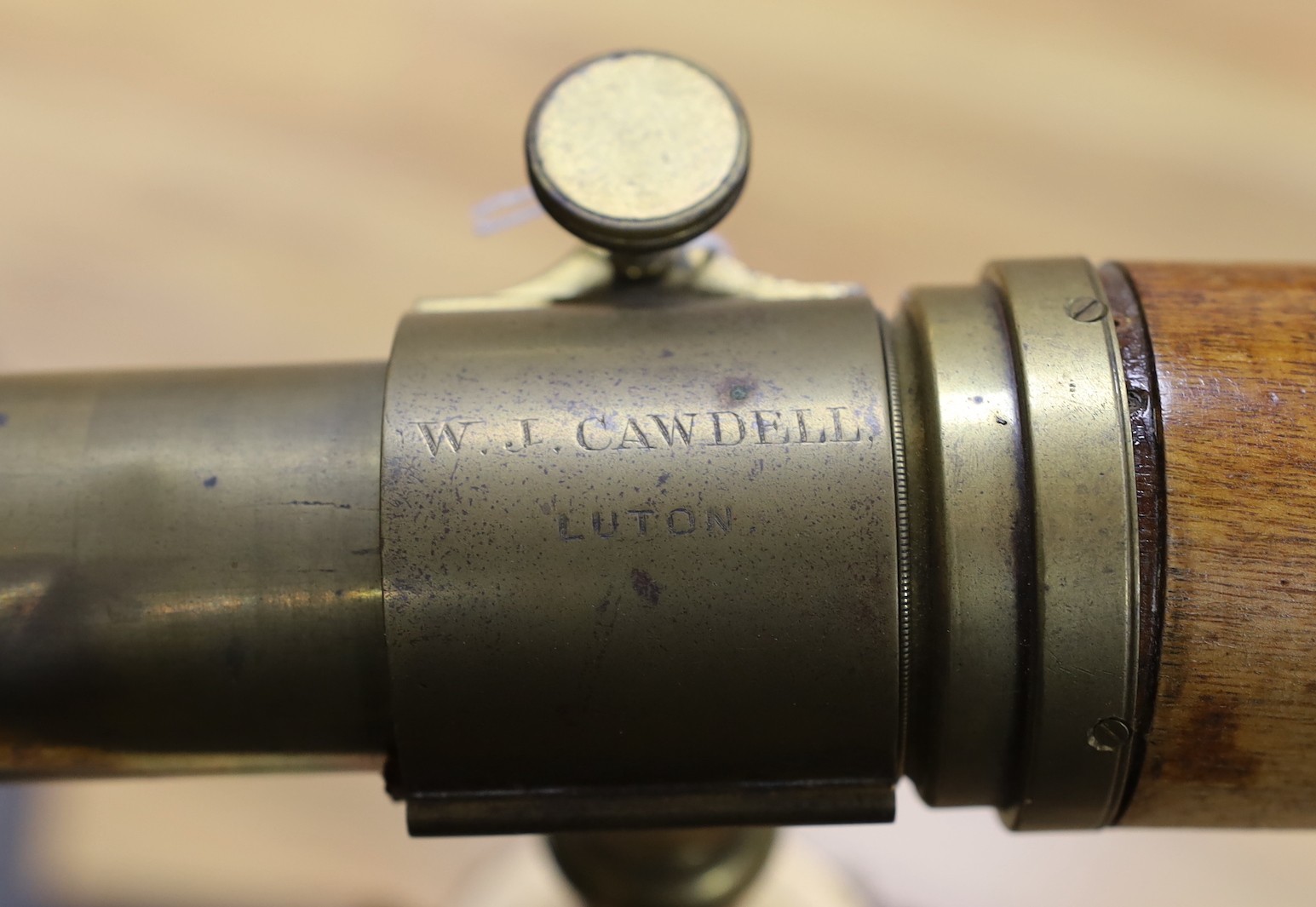 An Edwardian telescope on tripod, marked Cawdell, Luton, 107cm high - Image 4 of 4