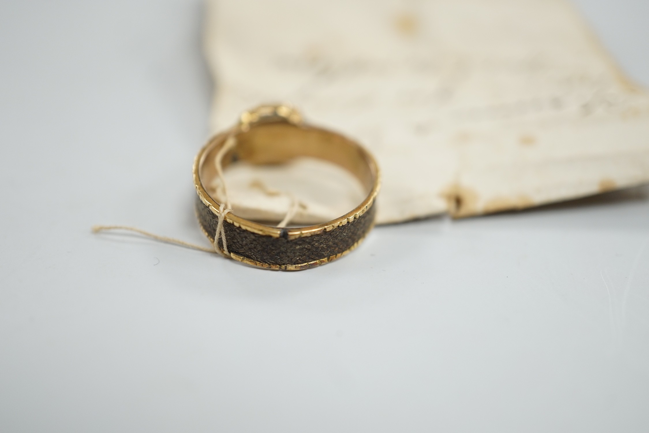 A 19th century yellow metal, split pearl and plaited hair set mourning ring, size O, gross weight - Image 5 of 6