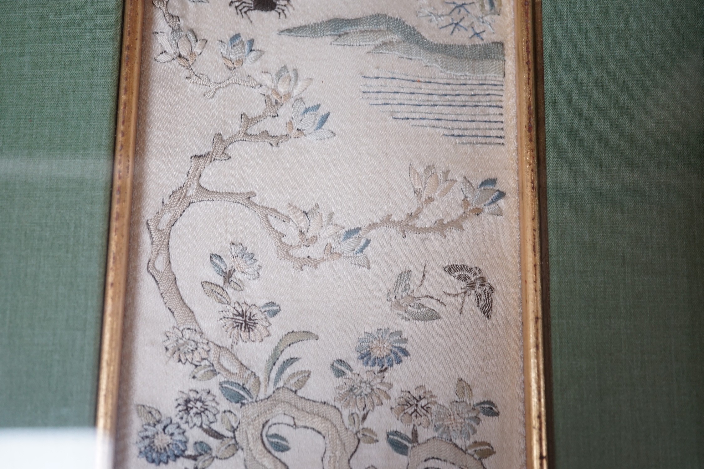 Three pairs of gilt framed, 19th century, silk embroidered, sleeve bands (for Chinese robes), - Image 6 of 10