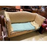 A 19th century upholstered settee on squared tapering legs with castors, length 166cm, width 63cm,