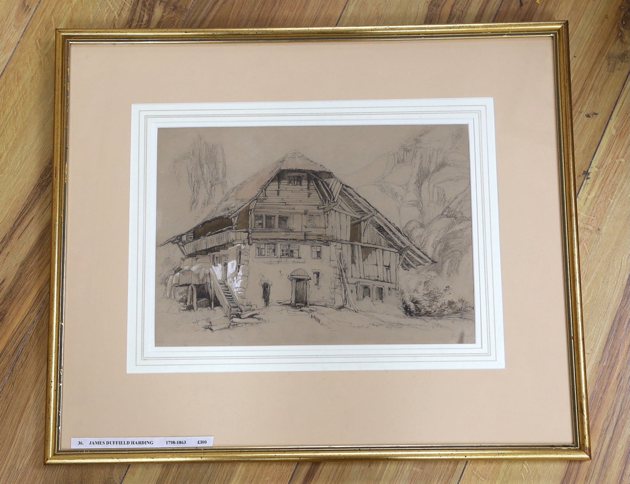 James Duffield Harding (1798-1863), pencil, ink and chalk, Study of a Swiss cottage, initialled - Image 2 of 3