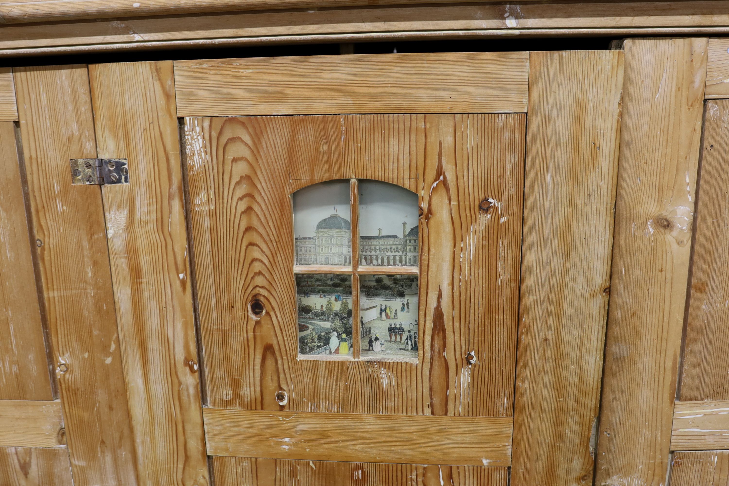 A 19th century stripped pine hall cupboard modelled as a dolls house the two door nine window facade - Image 5 of 20