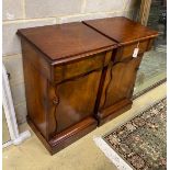 A pair of Victorian mahogany pedestal cabinets, (altered), width 50cm, depth 42cm, height 86cm