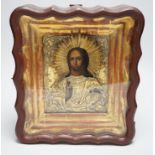 A late 19th- early 20th century Russian icon, in case,28cms high x 25cms wide in total
