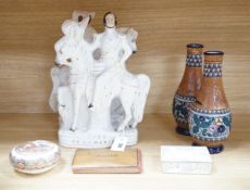 A pair of Victorian Staffordshire flat backs, a pair of amphora vases, Japanese satsuma box and