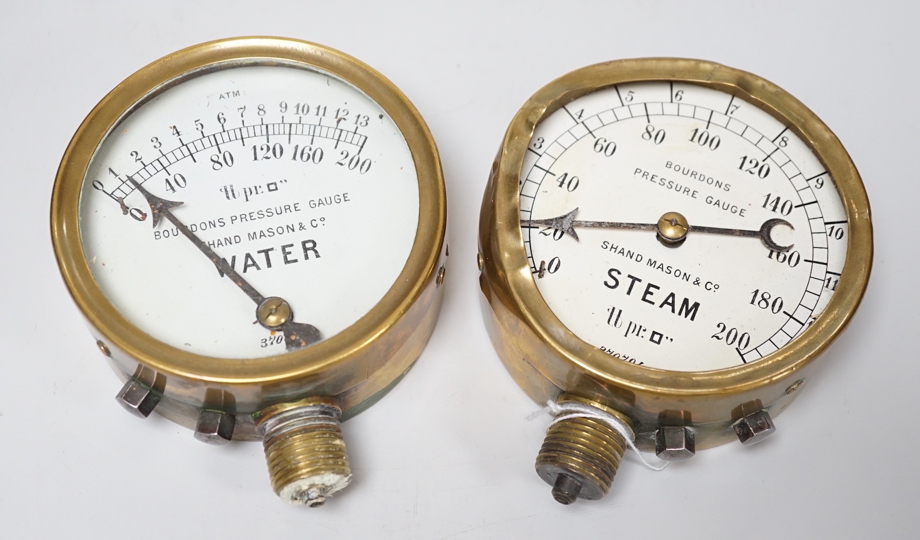 Two Shand Mason & Co pressure gauges, 10cm diam. (one a.f.)