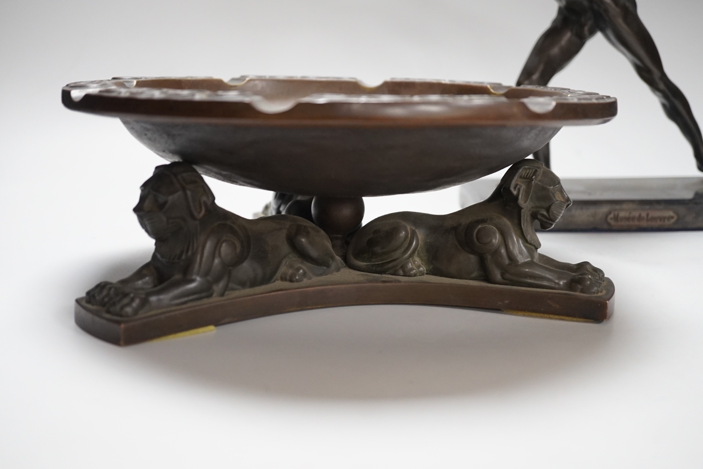 A large bronze dish, on triform lion base, and a bronze-finished warrior, dish 28cms diameter - Image 2 of 8