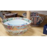 A 19th century Imari bowl, a famille rose bowl and one other- all damaged