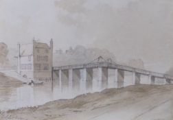 Henry Gastineau (1791–1876), monochrome watercolour, Study of Datchett Bridge, a glimpse of