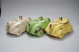 Three 1930s Art Deco Sadler racing car teapots, 22cm long