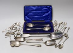 A Victorian Irish silver fiddle pattern basting spoon, Dublin, 1844, three George III tablespoons, a