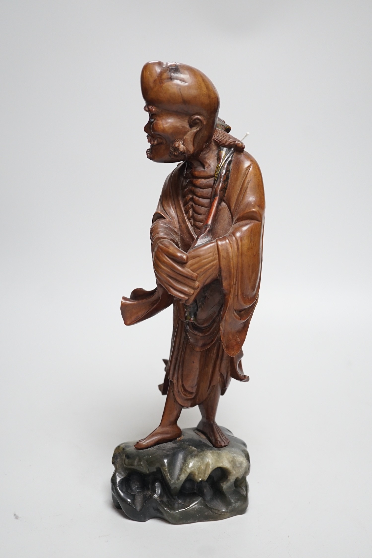 An early 20th century Chinese root carving of an immortal, on soapstone base, 36cm tall - Image 2 of 6