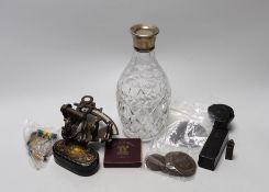 Collectables including a silver mounted decanter, a small sextant and a Russian lacquer box, 9cm
