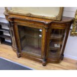 A Victorian gilt metal mounted burr walnut serpentine credenza, width 148cm, depth 44cm, height