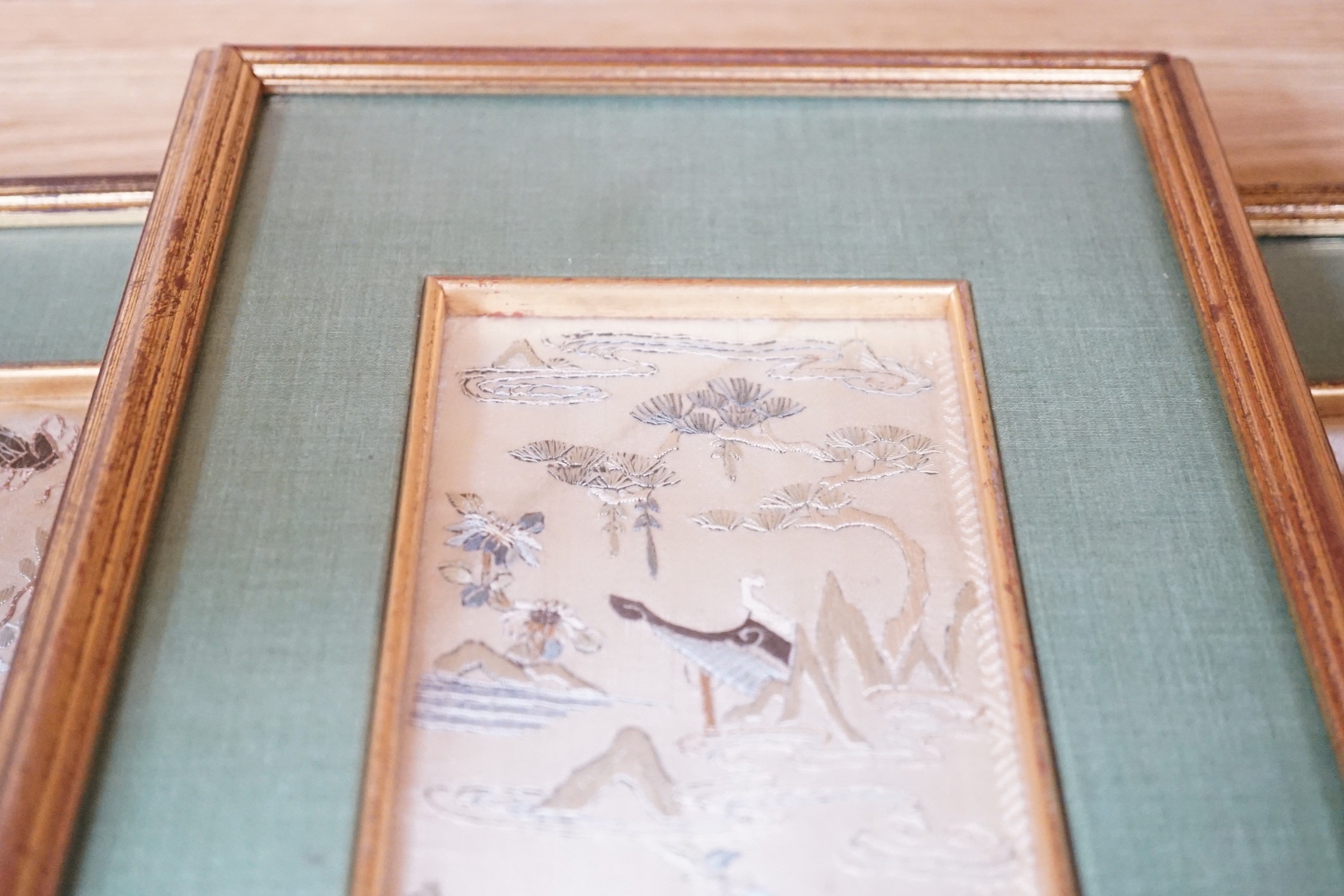 Three pairs of gilt framed, 19th century, silk embroidered, sleeve bands (for Chinese robes), - Image 2 of 10