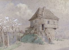Frank Galsworthy (1863-1959), watercolour, Continental view with figures before a timbered house,