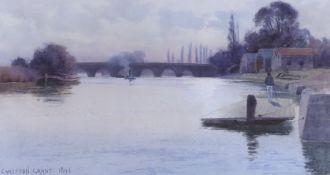 Carleton Grant (1860-1930), watercolour, Figures beside a river, signed and dated 1893, 19 x 36cm