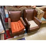 A pair of early 20th century oak tan leatherette armchairs