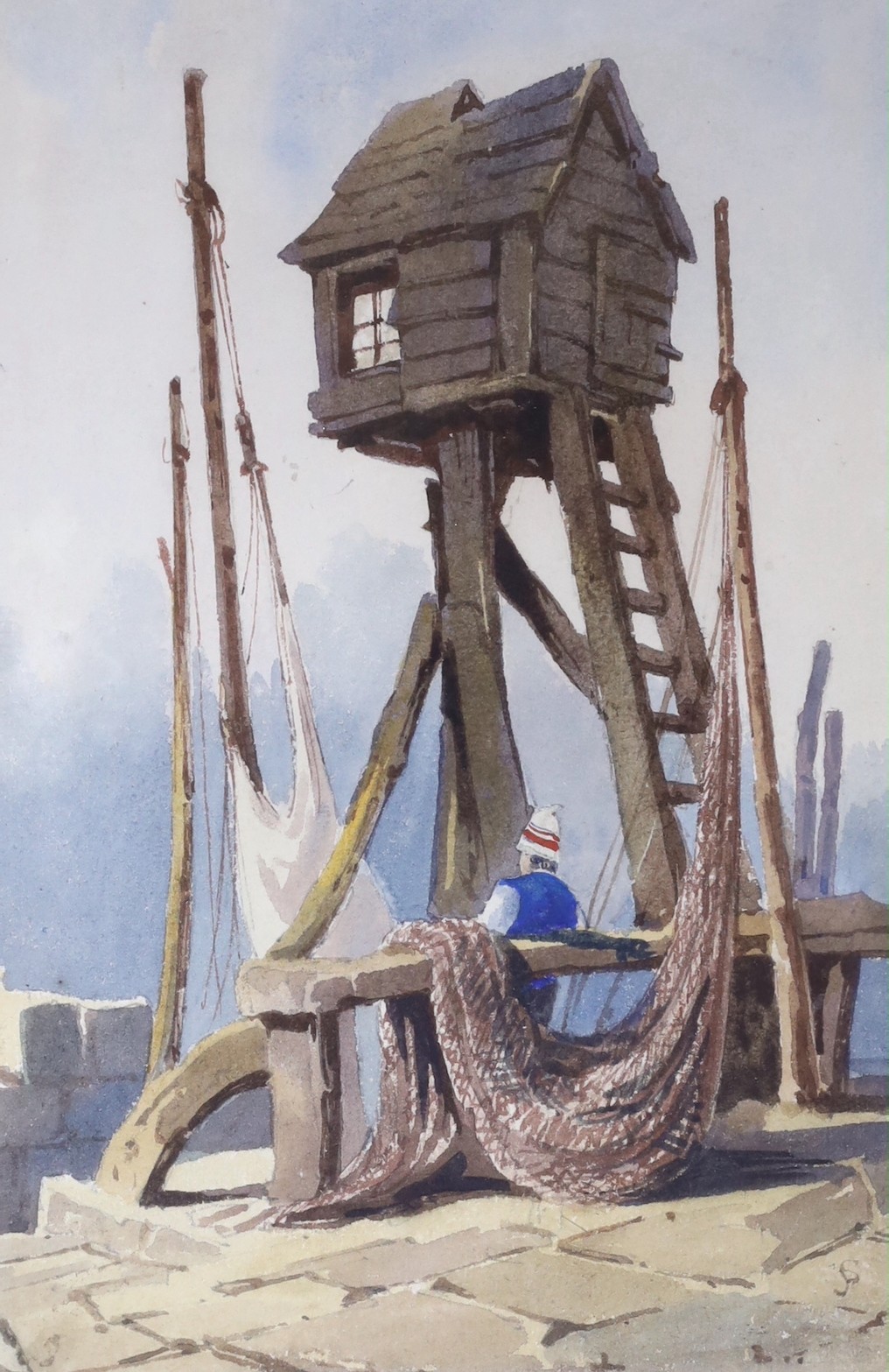 Samuel Prout (1783-1852), watercolour, Jetty scene with look-out tower, signed monogram, 21 x 14cm