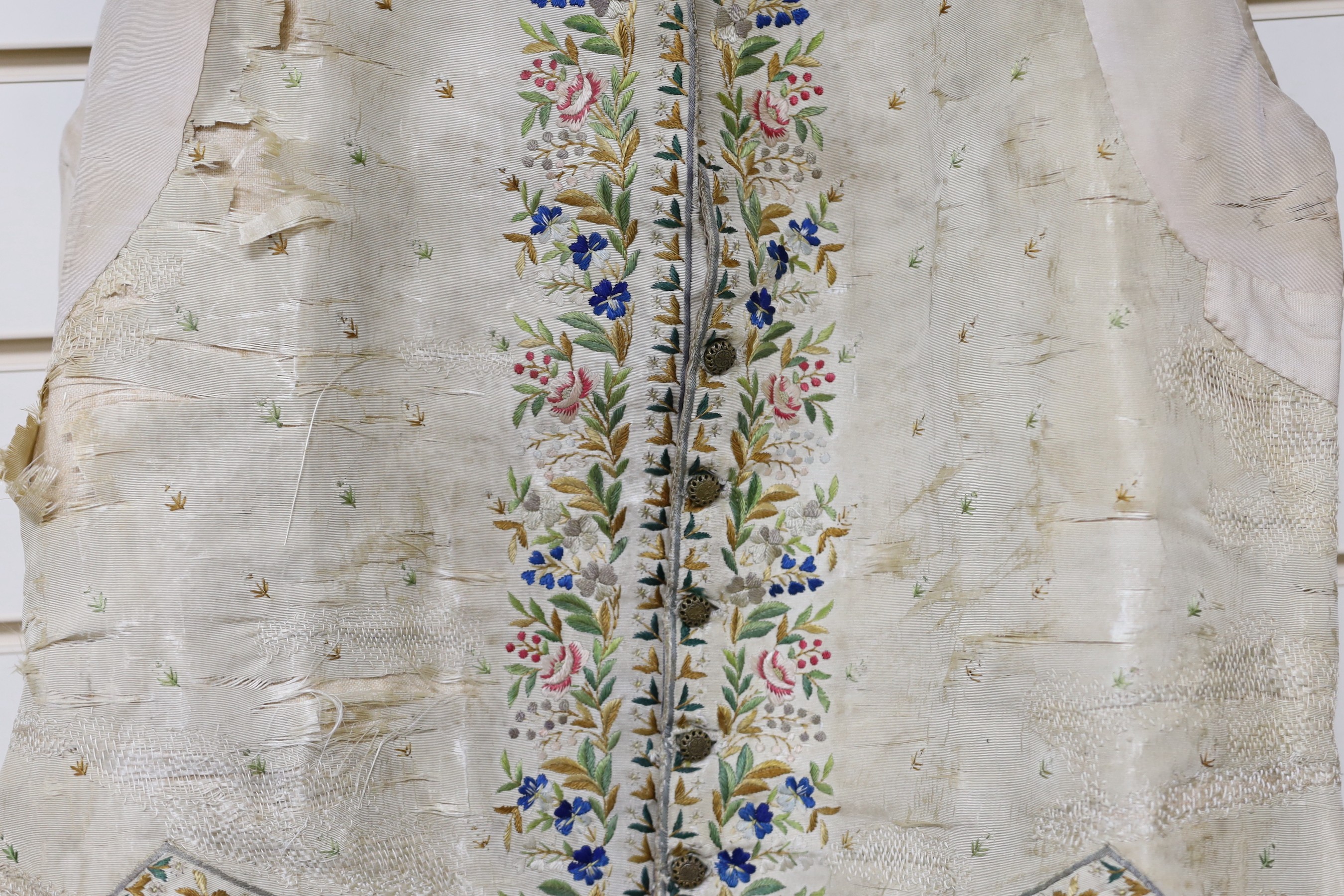 A late 18th early 19th century gentleman’s cream silk waistcoat Embroidered with polychrome silks in - Image 3 of 4