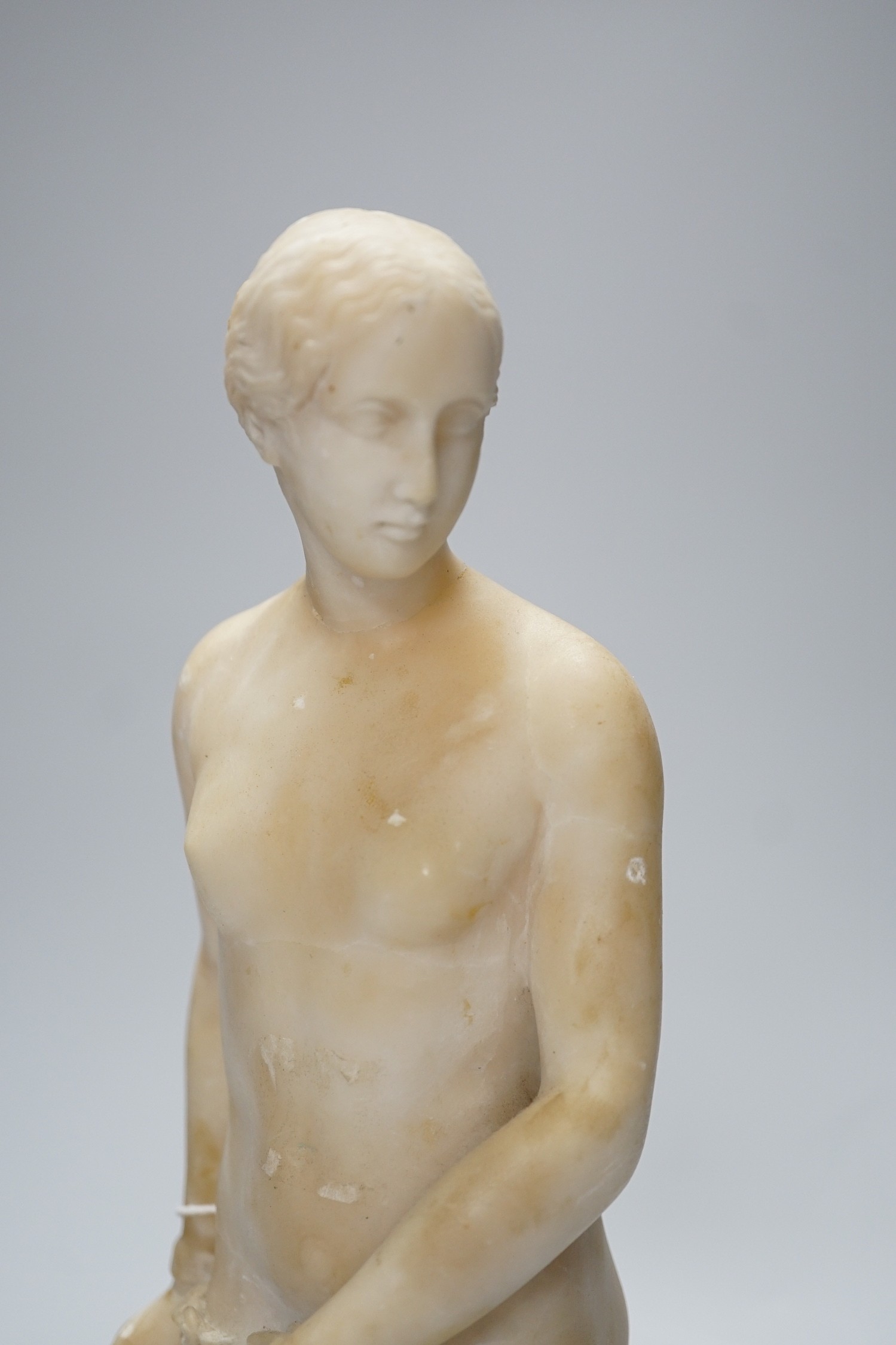 A carved alabaster female classical figure, the Greek slave Hiram Powers, 36cms high - Image 2 of 7