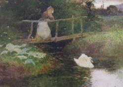 Thomas Mackay (1851-1920), watercolour, ‘The Swan’, rural view with maid on a bridge, signed and
