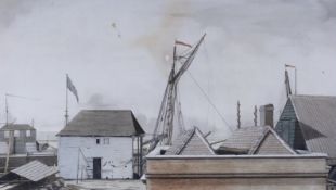 Sir Robert Cleveley (1747-1809), watercolour on laid paper, View of dockyard buildings with masts