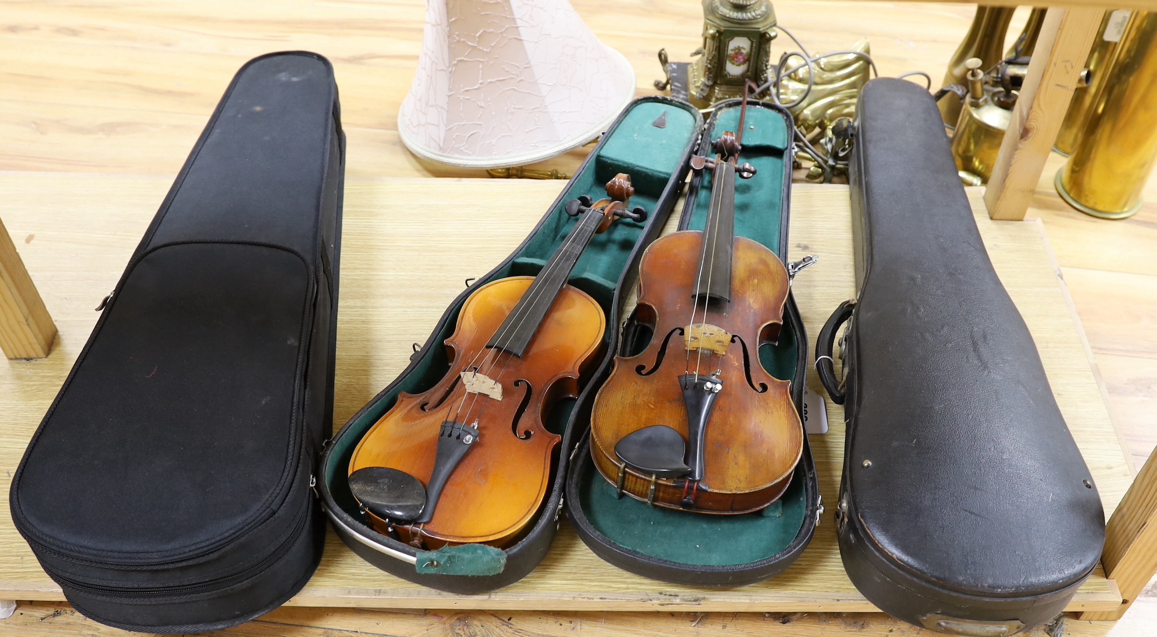 A cased early 20th century violin marked Gilks, Westminster, London and 2 modern cased Chinese