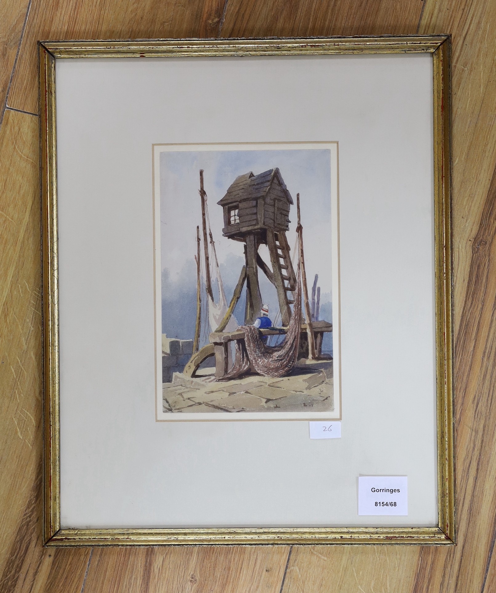 Samuel Prout (1783-1852), watercolour, Jetty scene with look-out tower, signed monogram, 21 x 14cm - Image 2 of 3