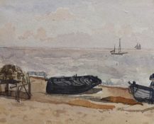 Thomas Churchyard (1798–1865), watercolour, Coastal scene with moored boats, 10 x 12cm