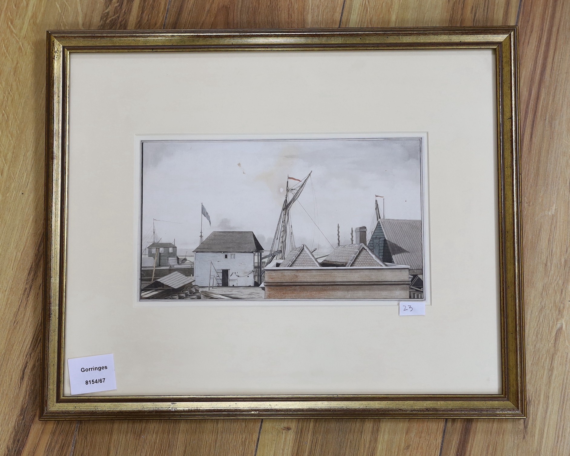 Sir Robert Cleveley (1747-1809), watercolour on laid paper, View of dockyard buildings with masts - Image 2 of 2