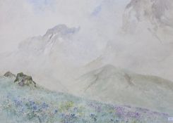 Frank Galsworthy (1863-1959), watercolour, Mountain landscape with spring flowers in the foreground,