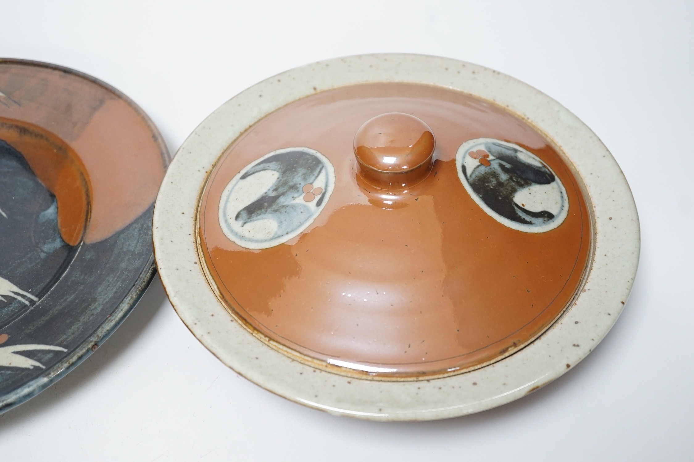 David Frith, Brookhouse studio pottery, a plate, covered bowl and a butter dish and cover, largest - Image 6 of 7