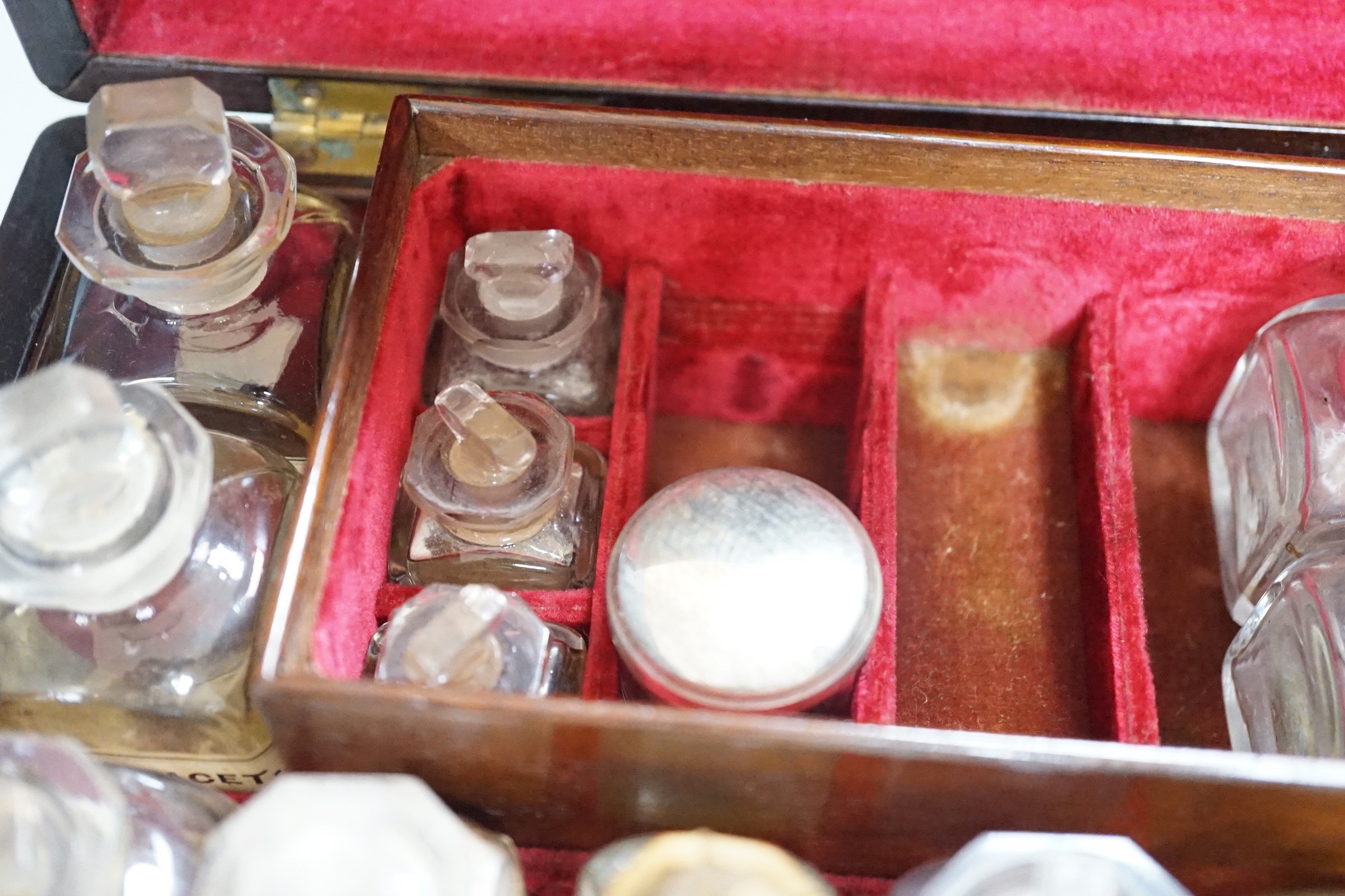 A 19th century mahogany cased travelling apothecary set with glass flasks, handle plate engraved ‘ - Image 4 of 5