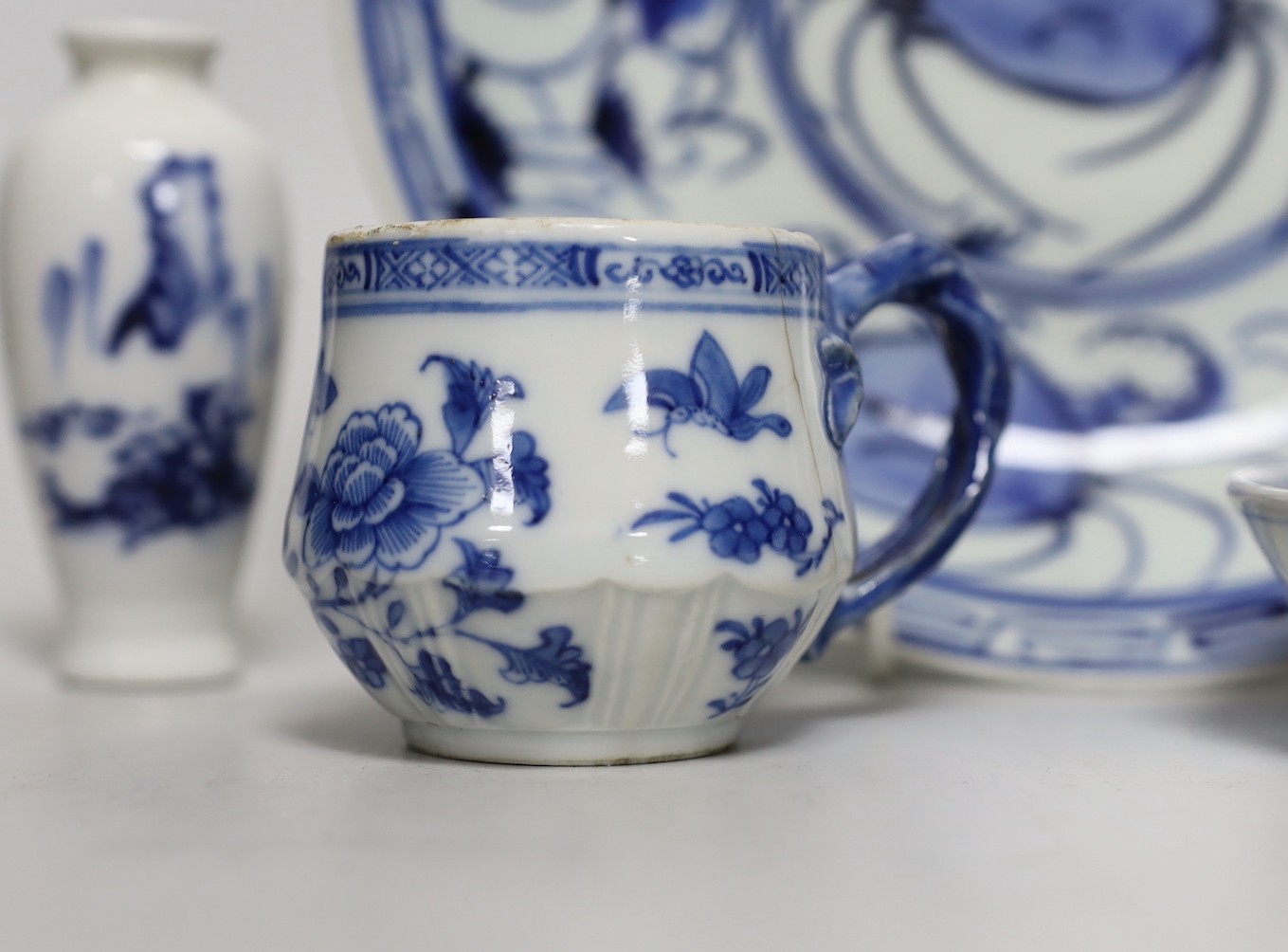 Two Chinese blue and white miniature vases, a cup and saucer and dish, largest dish 22cms diameter - Image 3 of 6