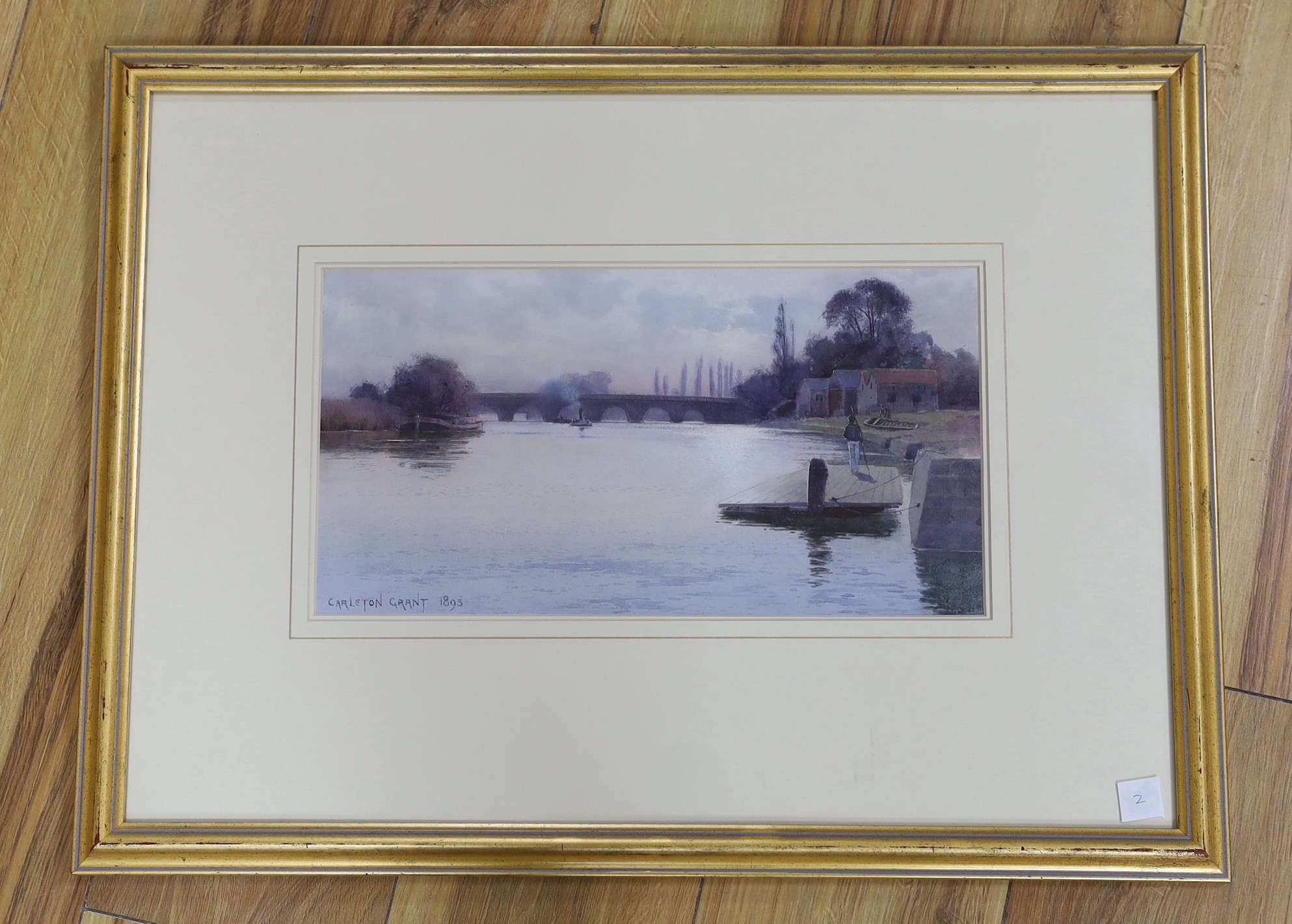 Carleton Grant (1860-1930), watercolour, Figures beside a river, signed and dated 1893, 19 x 36cm - Image 2 of 4