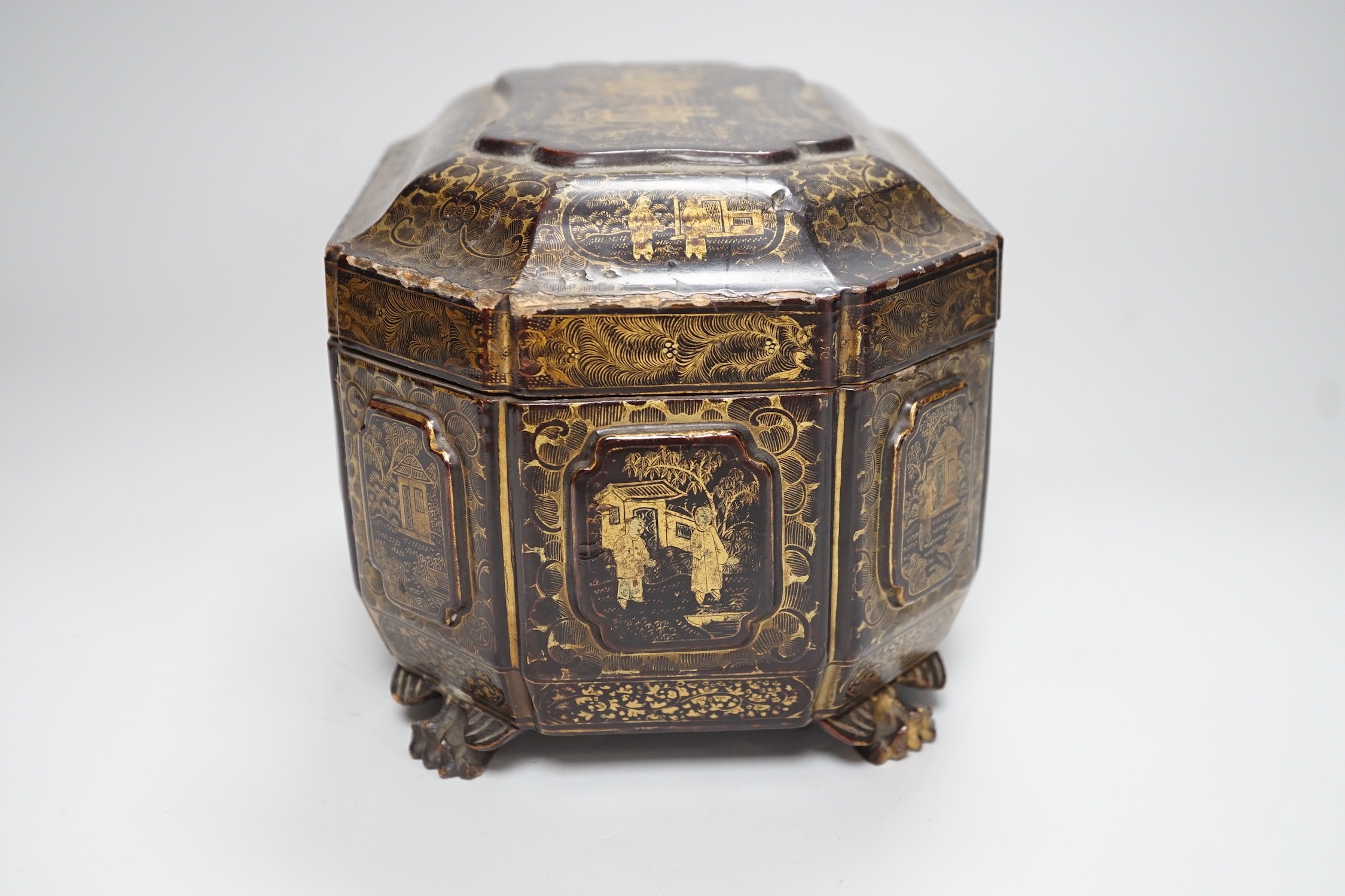 A 19th century Chinese chinoiserie lacquered sarcophagus form tea caddy, pewter lined interior - Image 3 of 6
