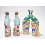 A pair of Chinese polychrome porcelain pheasants and a pair of parrots, tallest 27cm