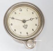 A Smiths MA 8day lever escapement front wind car clock with restoration paperwork, 9cm diam.