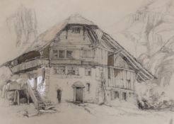 James Duffield Harding (1798-1863), pencil, ink and chalk, Study of a Swiss cottage, initialled
