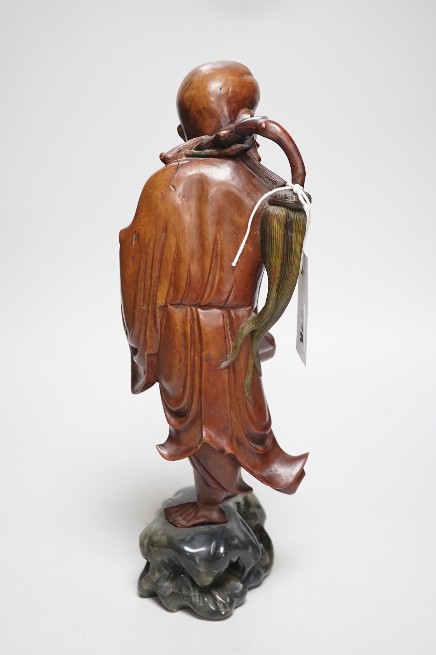 An early 20th century Chinese root carving of an immortal, on soapstone base, 36cm tall - Image 3 of 6