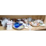 A collection of late 18th/19th century English ceramic teapots, cabinet cups, a jug, dishes and