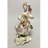 A Derby porcelain figure, modelled as a shepherdess playing a mandolin, seated on a stump, 18th