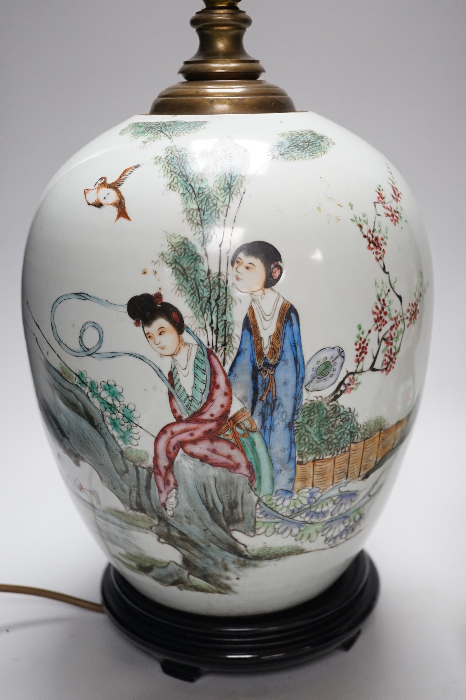 A Chinese famille rose vase converted to a lamp, 26cm, and a larger Chinese vase/lamp base, on - Image 2 of 6