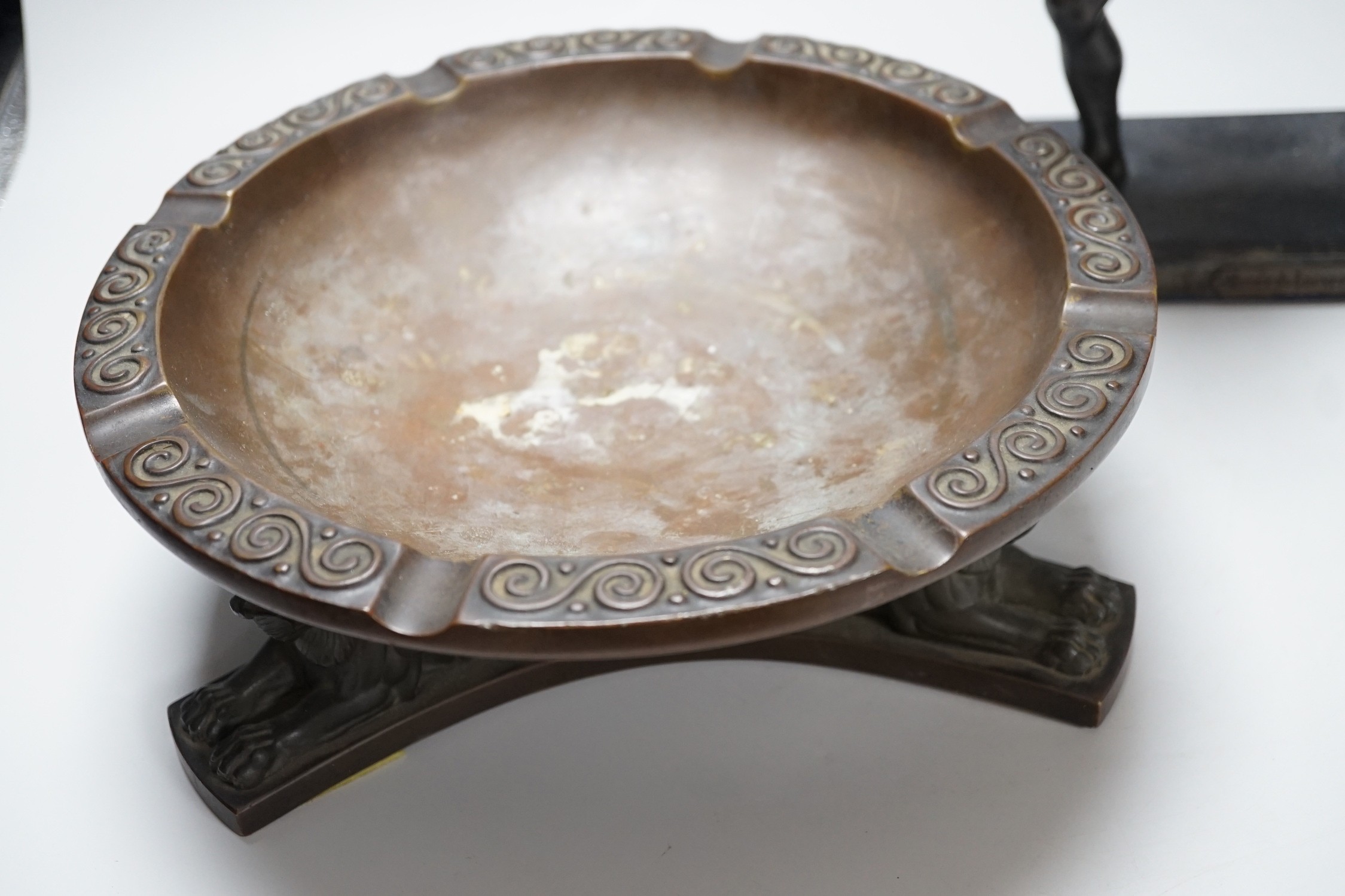 A large bronze dish, on triform lion base, and a bronze-finished warrior, dish 28cms diameter - Image 5 of 8