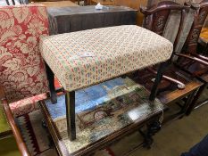 A George III style rectangular upholstered ebonised dressing stool, length 71cm, depth 40cm,