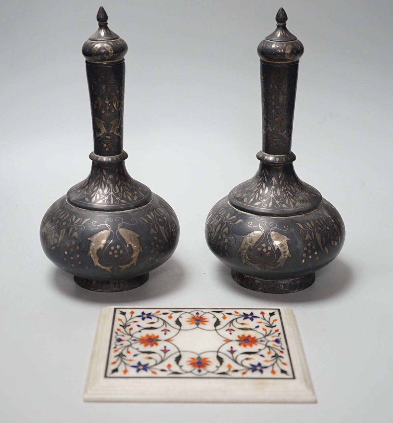 A pair of 19th century Indian Bidri ware water bottles of covers and a Pieter Durer plaque,