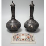 A pair of 19th century Indian Bidri ware water bottles of covers and a Pieter Durer plaque,