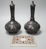 A pair of 19th century Indian Bidri ware water bottles of covers and a Pieter Durer plaque,